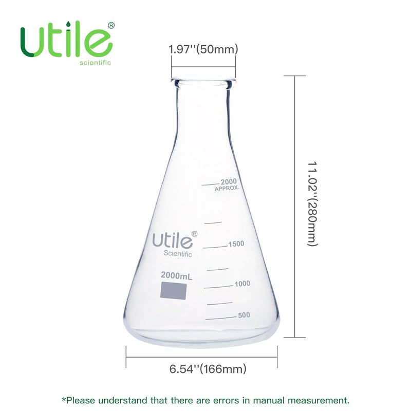UTILE Glass Erlenmeyer Flask Set, 2000ml Narrow Mouth Erlenmeyer Flasks, Borosilicate 3.3 Glass Conical Flasks for Laboratory with Printed Graduation, 4016.2000.1 - Image 4